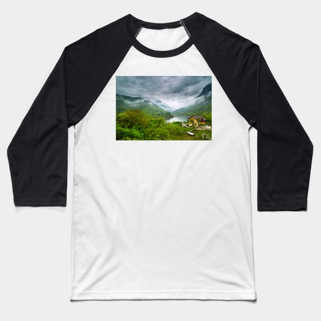 Lake in the mountains on a foggy day Baseball T-Shirt by naturalis